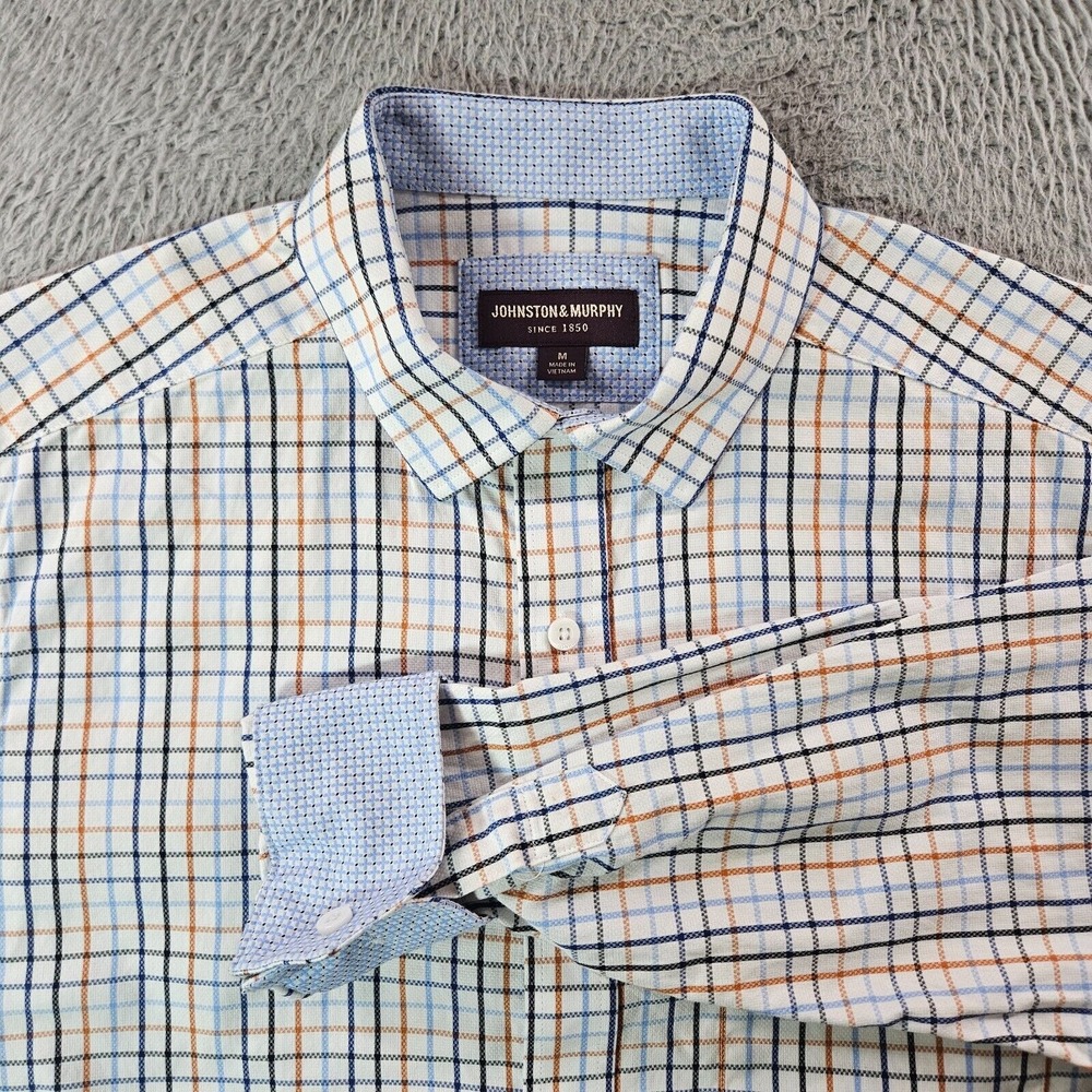 Johnston & Murphy Shirt Men Medium Flip Cuff Button Up Long Sleeve White Plaid
